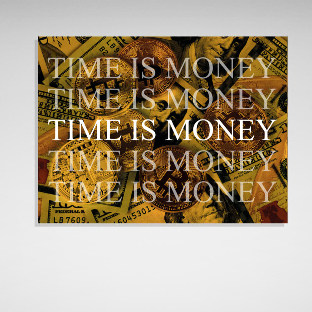 Dollars and bitcoin time money on a yellow background Motivational Canvas Wall Art Print