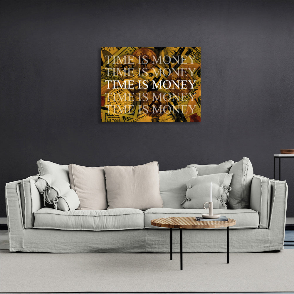 Dollars and bitcoin time money on a yellow background Motivational Canvas Wall Art Print