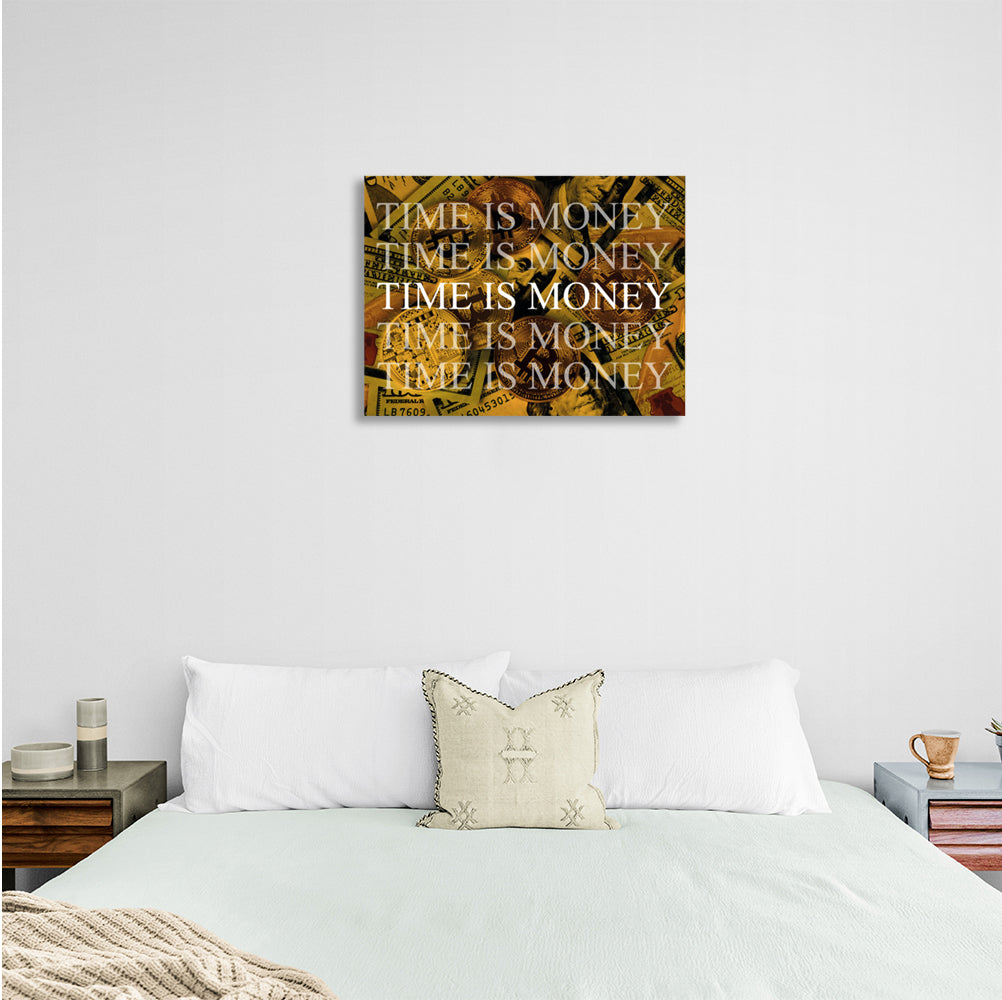 Dollars and bitcoin time money on a yellow background Motivational Canvas Wall Art Print