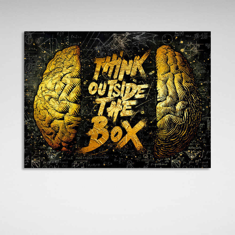 „Think outside the box“ – Schwarz-Gelb – Motivierender Kunstdruck auf Leinwand