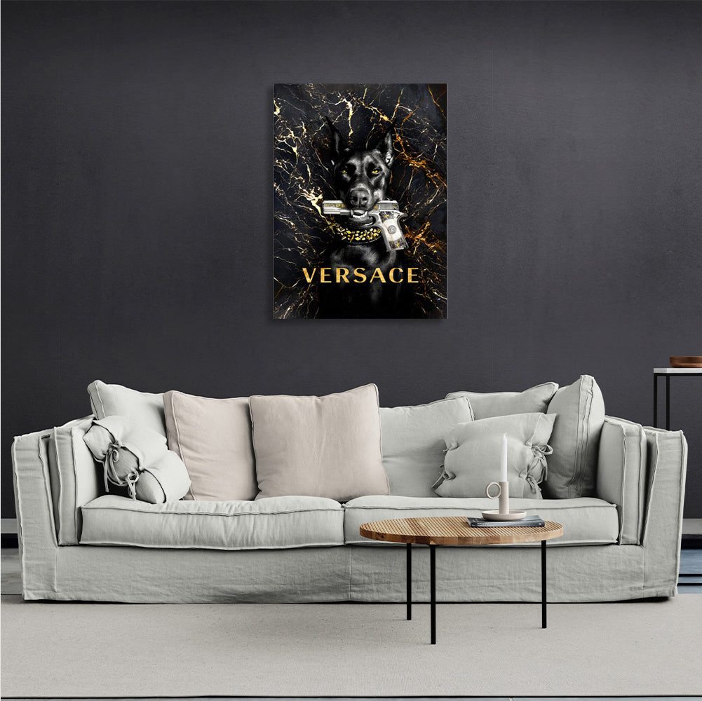 Doberman with a Versace gun Motivational Canvas Wall Art Print