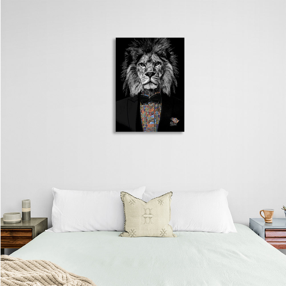 A black and white lion in a Tuxedo Canvas Wall Art Print