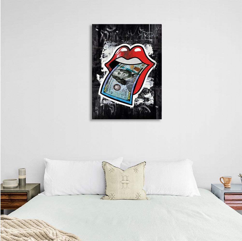 Red lips on a black background $100 Canvas Wall Art Print