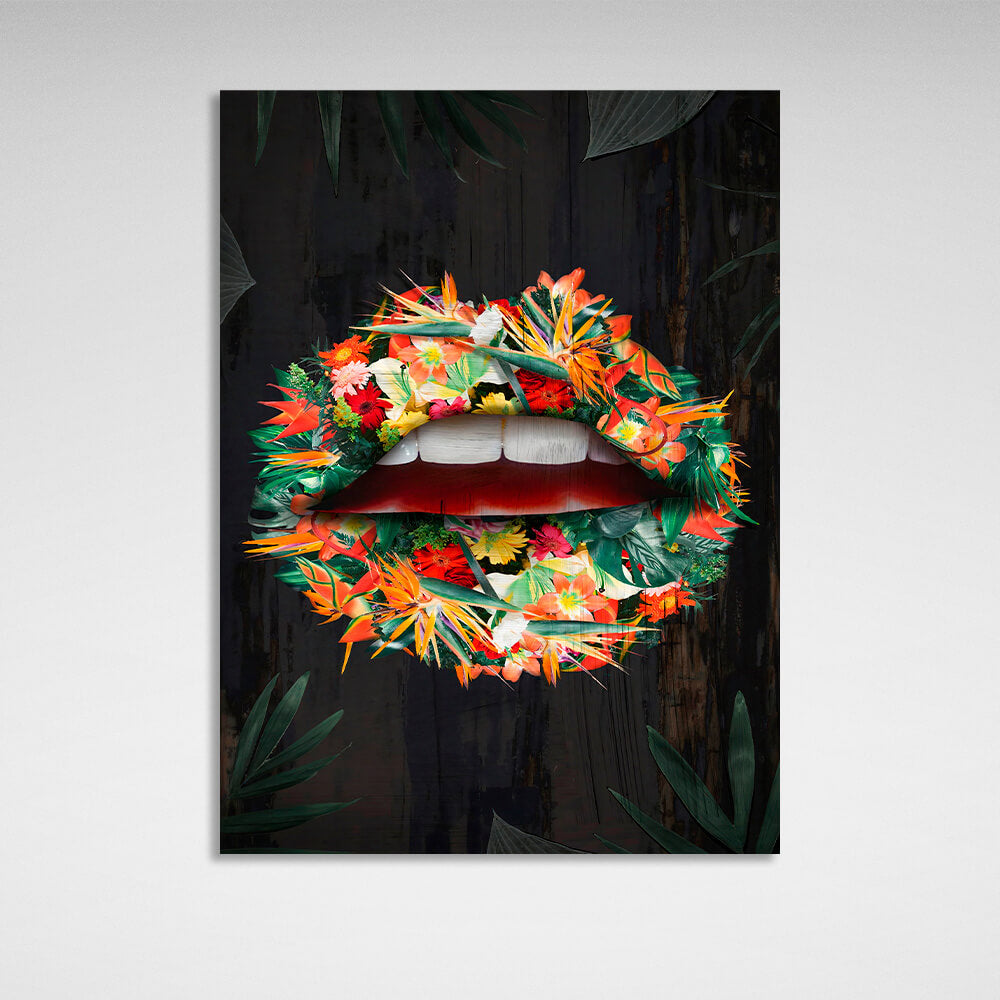 Kunstdruck auf Leinwand, Motiv Lippen, orange Blumen und Blätter