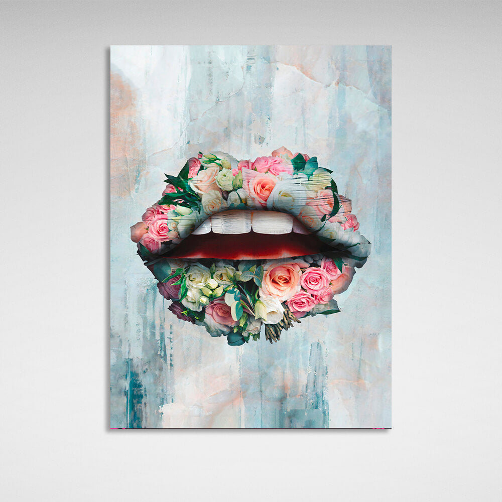 Kunstdruck auf Leinwand, Motiv Lippen, rosa Blumen und Blätter