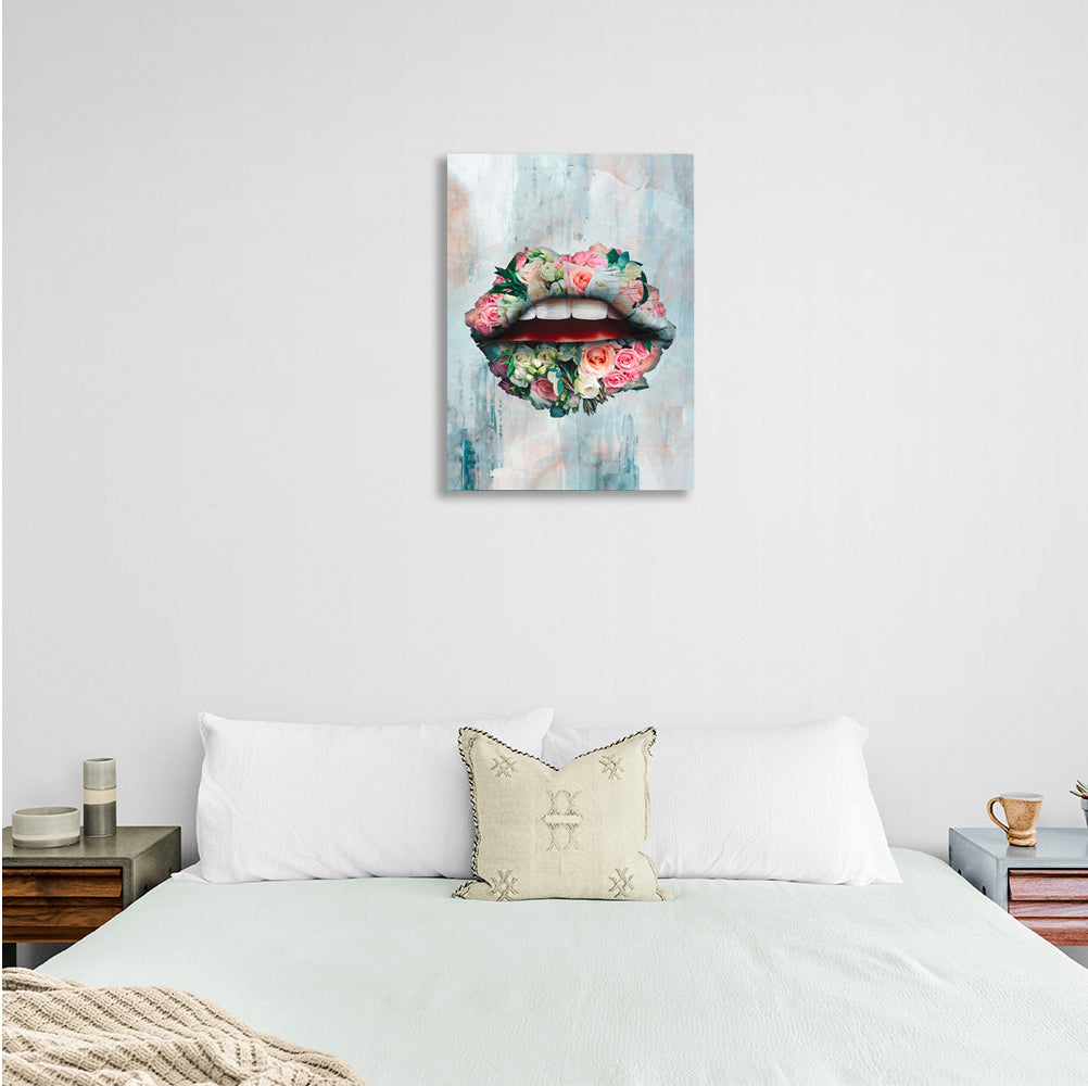 Kunstdruck auf Leinwand, Motiv Lippen, rosa Blumen und Blätter