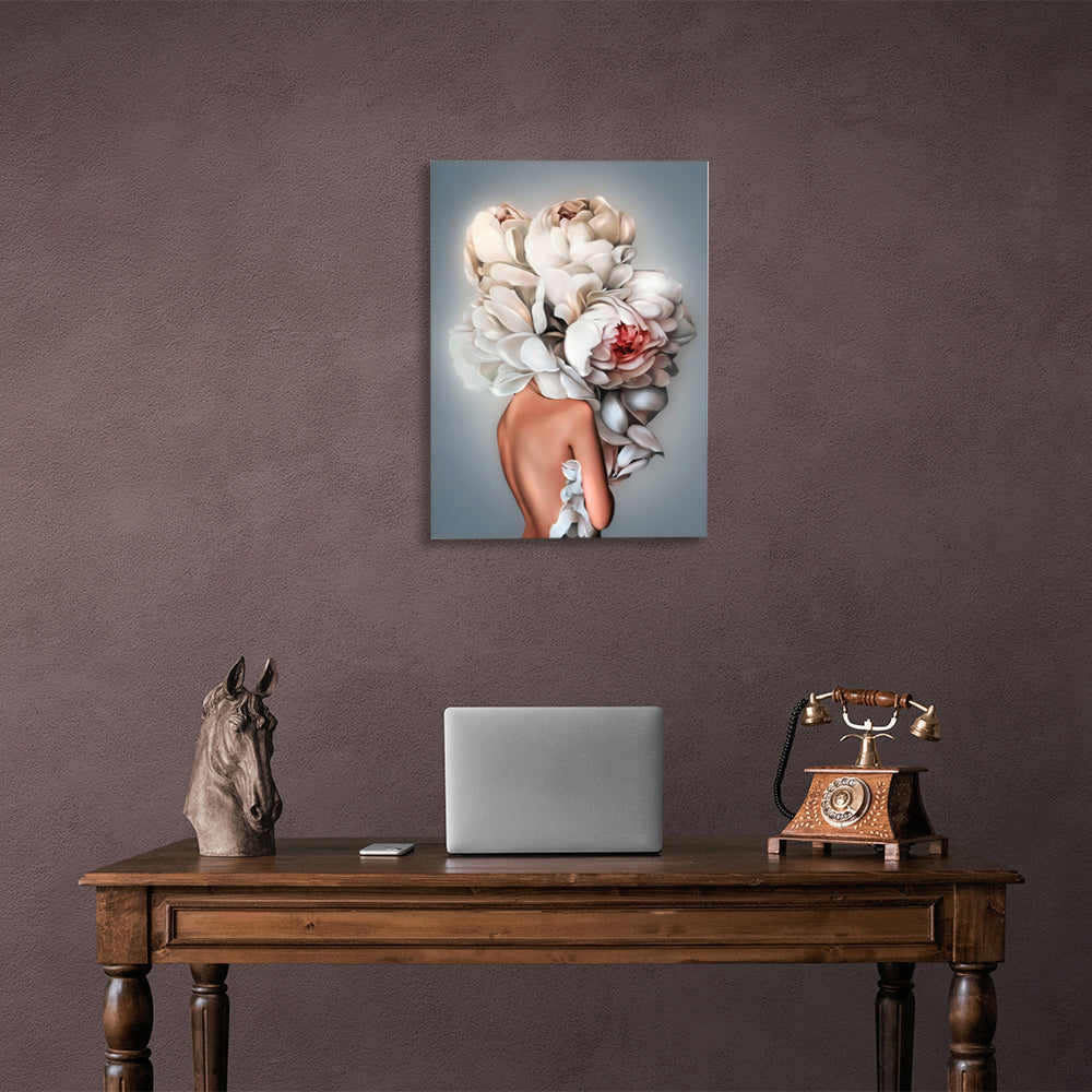 Girl with white flowers on her head on gray background Canvas Wall Art Print