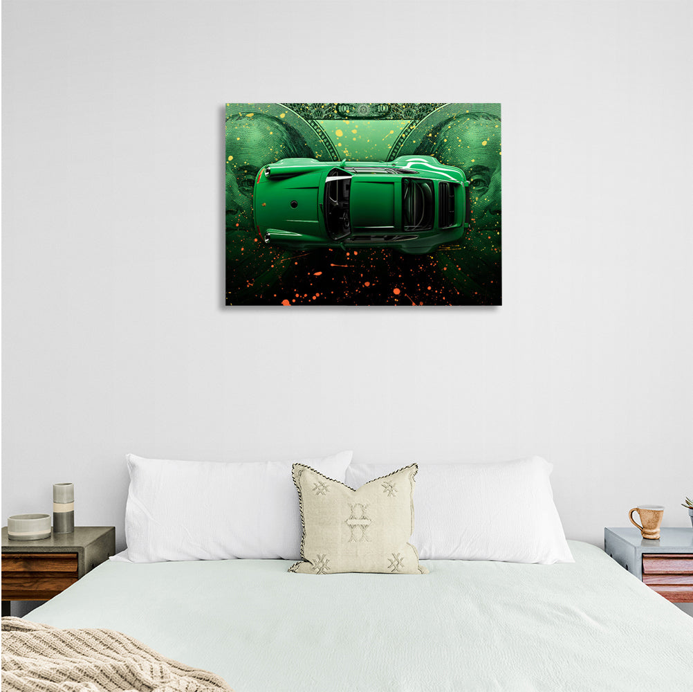 A green Porsche against the backdrop of dollars Canvas Wall Art Print