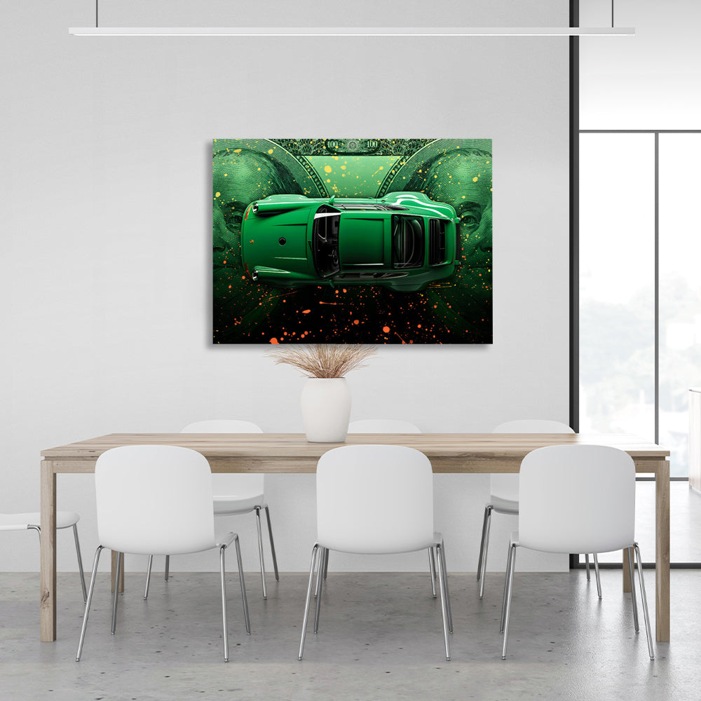 A green Porsche against the backdrop of dollars Canvas Wall Art Print