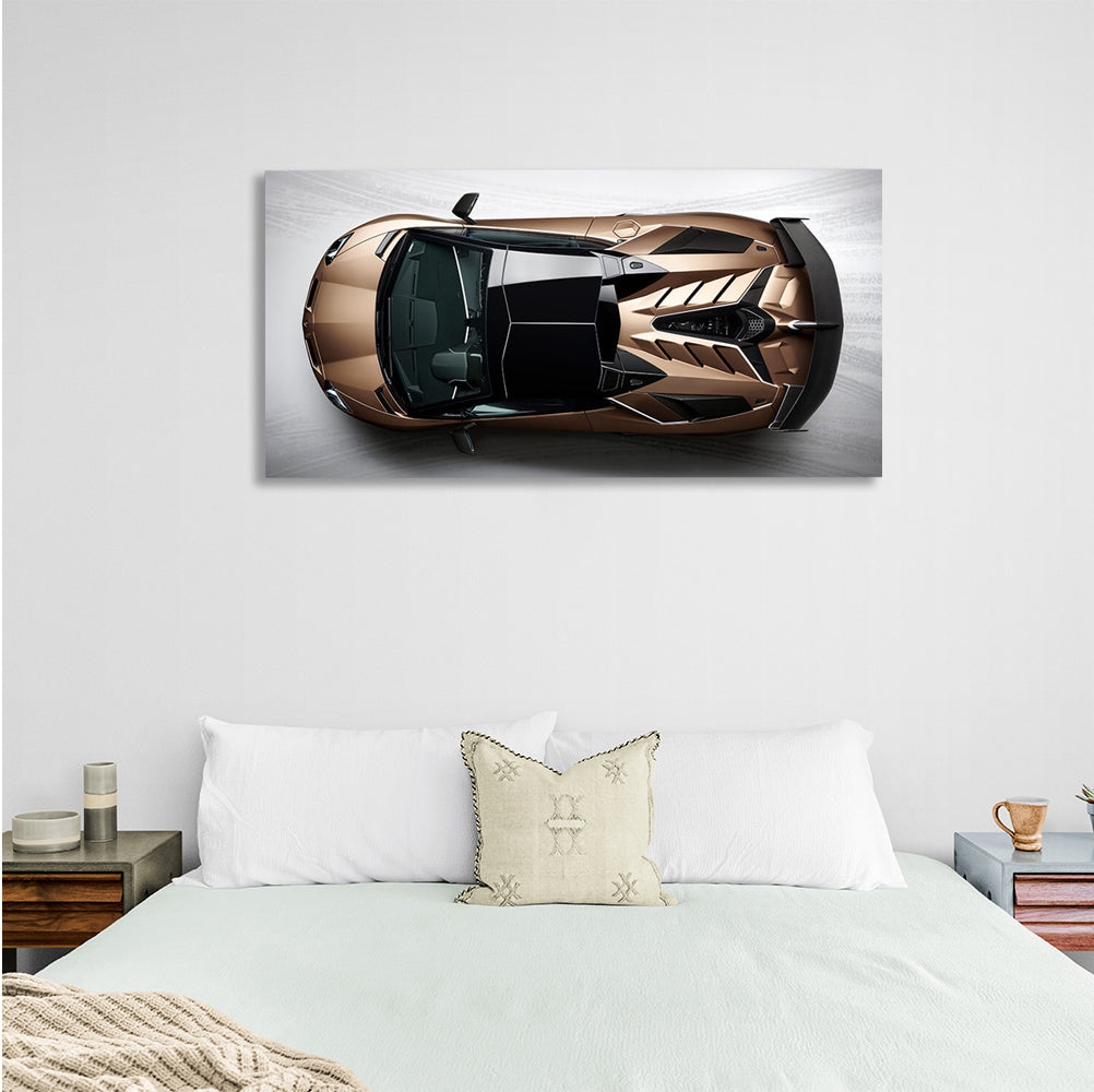 Das Auto ist ein brauner Lamborghini-Kunstdruck auf Leinwand.