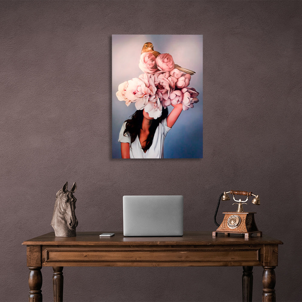 A girl with flowers and a bird on her head Canvas Wall Art Print