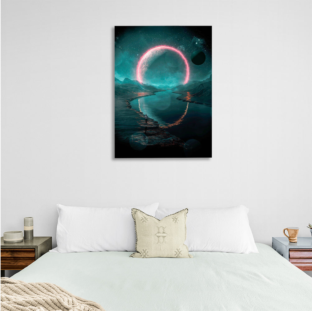 Space Green-Pink Planet Canvas Wall Art Print