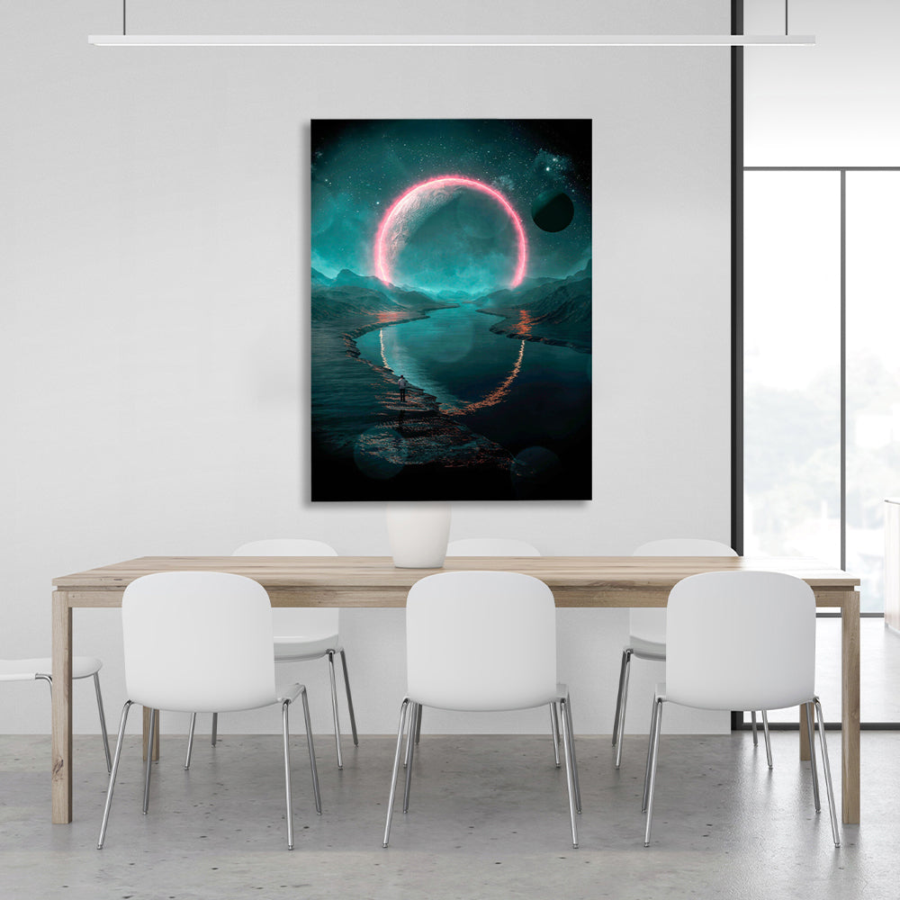 Space Green-Pink Planet Canvas Wall Art Print