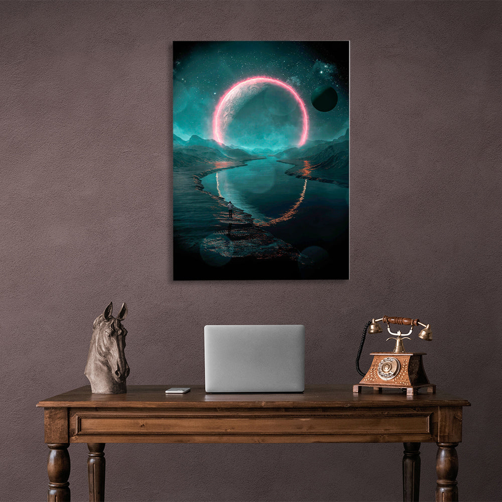 Space Green-Pink Planet Canvas Wall Art Print