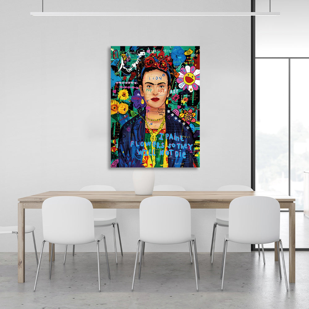 Kunstdruck auf Leinwand mit Graffiti-Motiv von Frida Kahlo