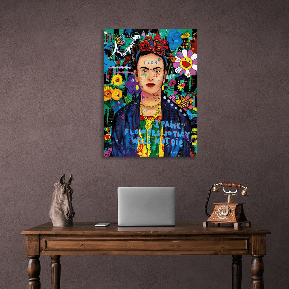 Kunstdruck auf Leinwand mit Graffiti-Motiv von Frida Kahlo