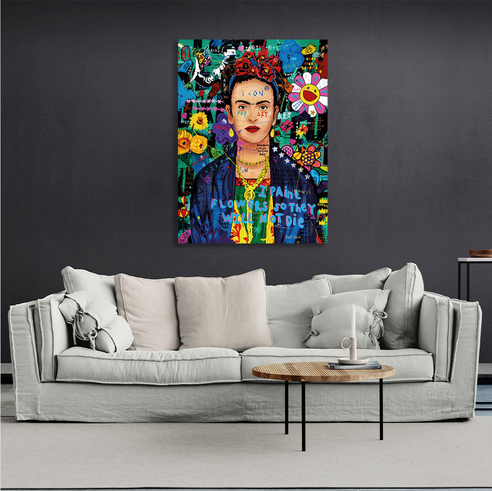 Kunstdruck auf Leinwand mit Graffiti-Motiv von Frida Kahlo