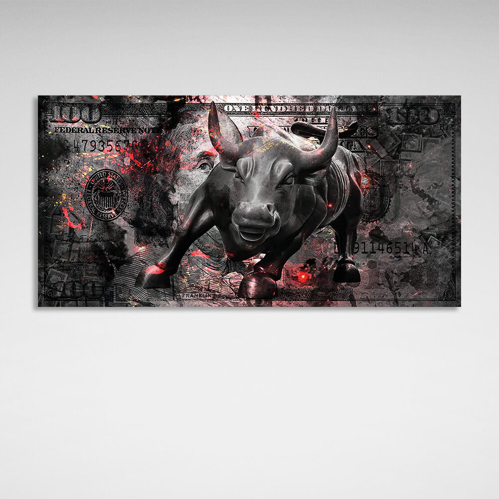 100 dollars with an attacking bull Inspirational Canvas Wall Art Print