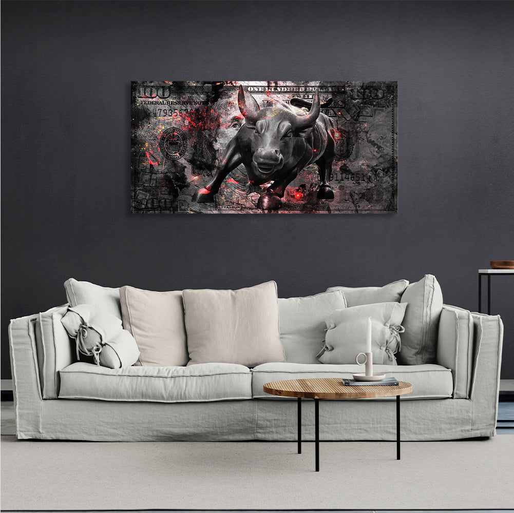 100 dollars with an attacking bull Inspirational Canvas Wall Art Print