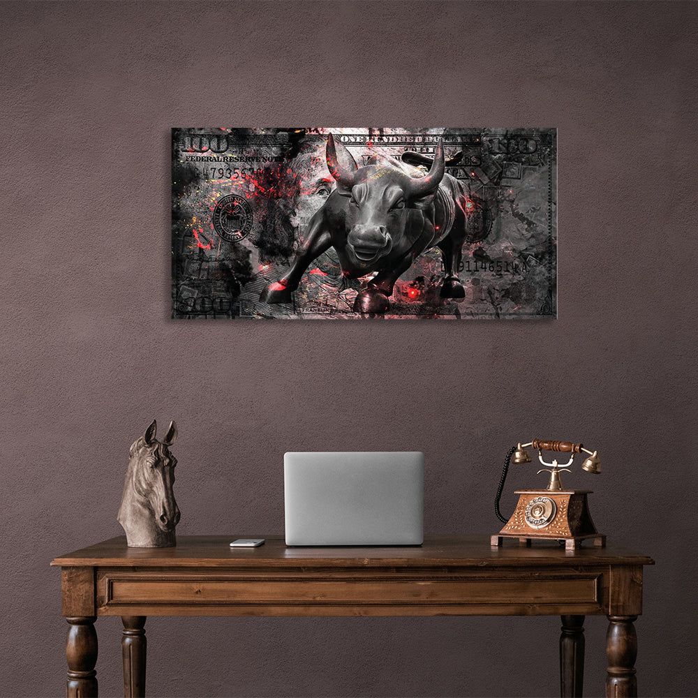 100 dollars with an attacking bull Inspirational Canvas Wall Art Print