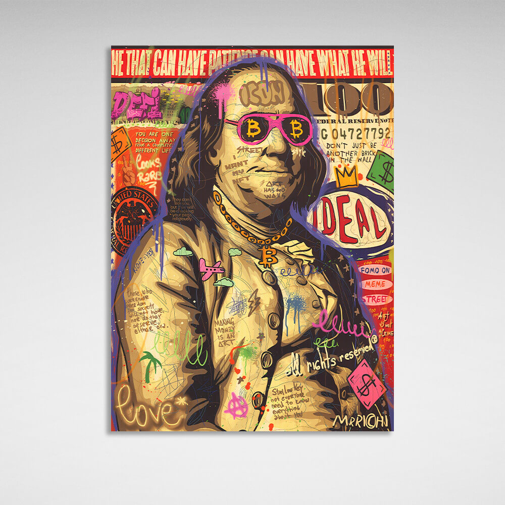 Inspirierender Leinwanddruck mit Graffiti von Benjamin Franklin