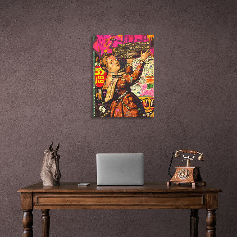 Woman with dollars graffiti Inspirational Canvas Wall Art Print