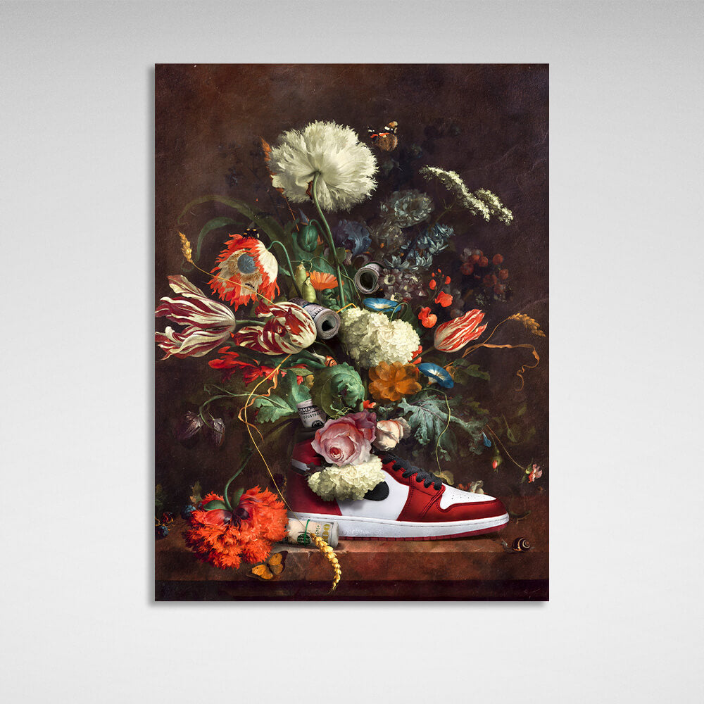 Blumen, ein Sneaker und Geld Inspirierender Kunstdruck auf Leinwand