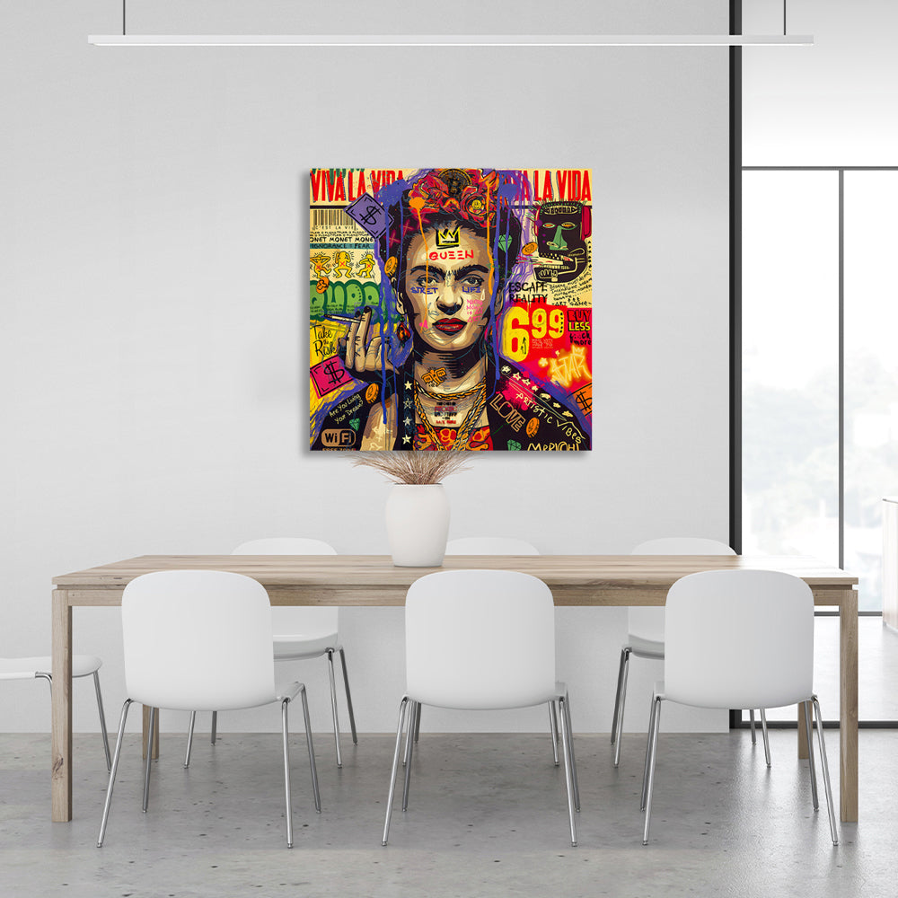 Inspirierender Kunstdruck auf Leinwand mit Graffiti-Motiv von Frida Kahlo