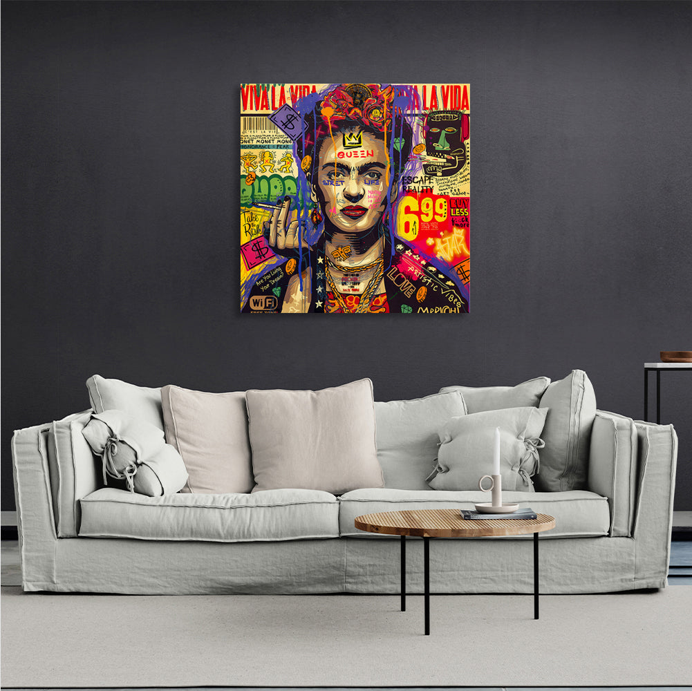 Inspirierender Kunstdruck auf Leinwand mit Graffiti-Motiv von Frida Kahlo