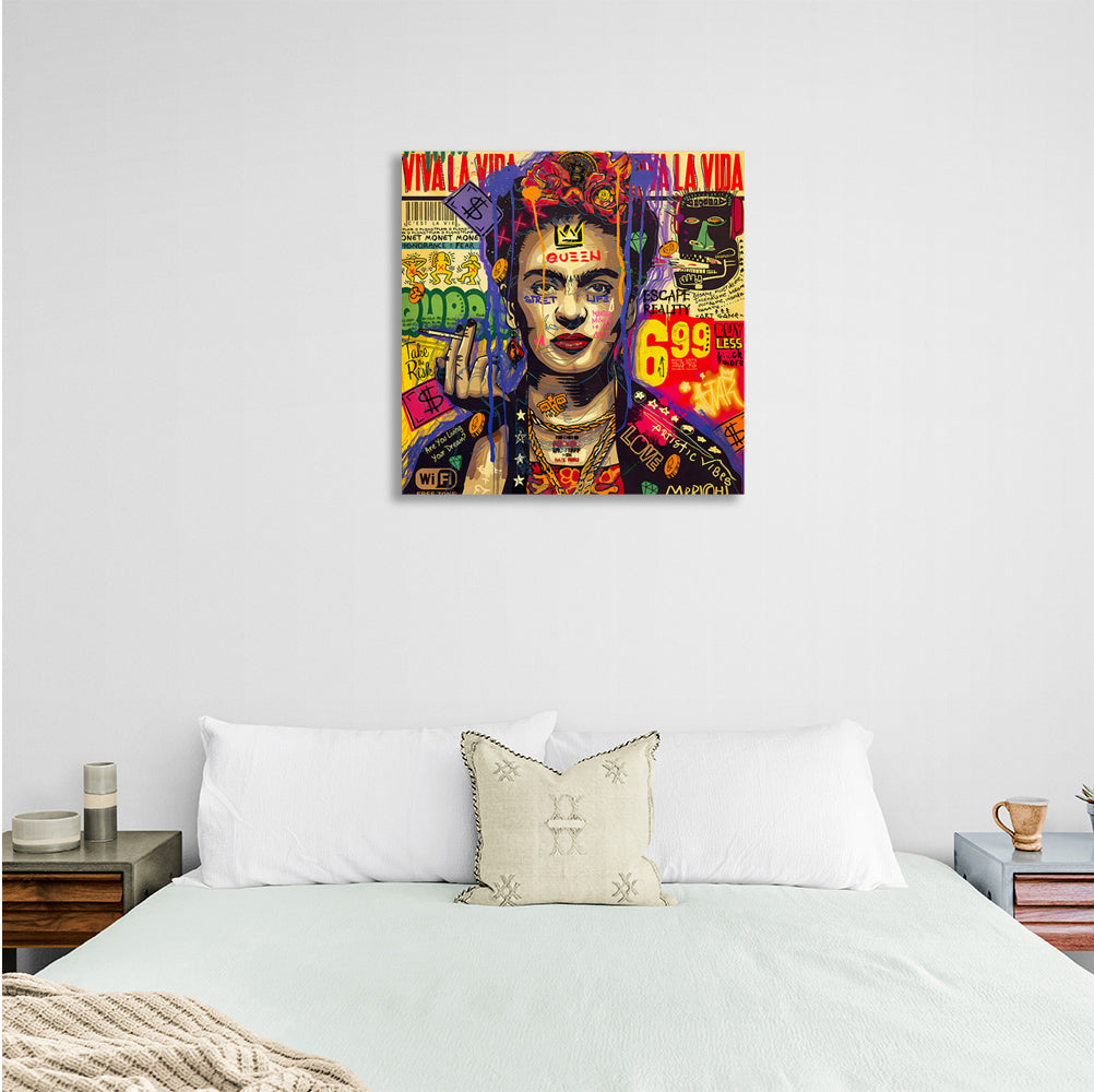 Inspirierender Kunstdruck auf Leinwand mit Graffiti-Motiv von Frida Kahlo