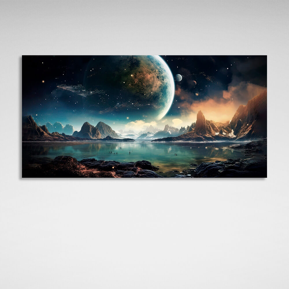 Kunstdruck auf Leinwand, mit Weltraumplanet, See und Bergen