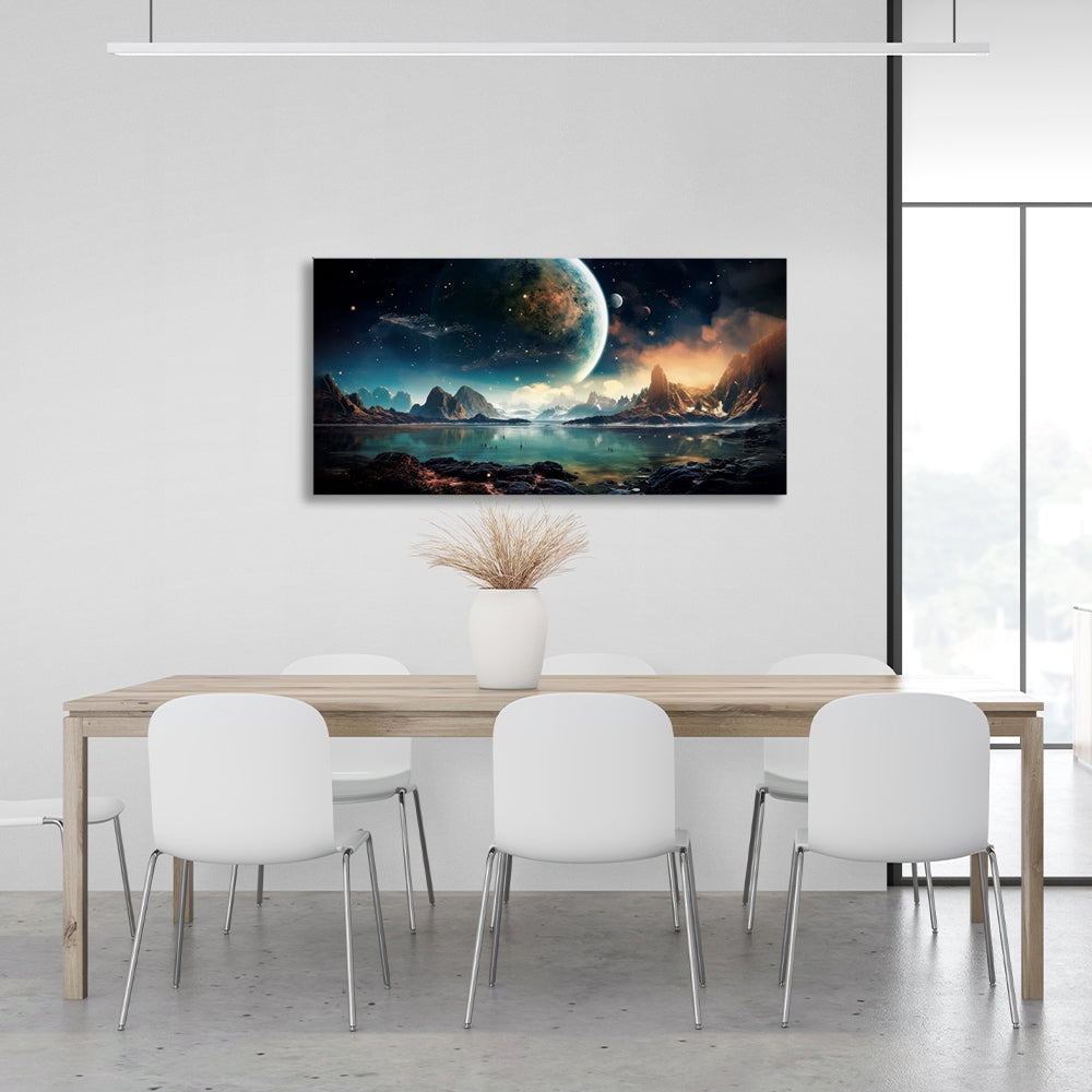 Kunstdruck auf Leinwand, mit Weltraumplanet, See und Bergen