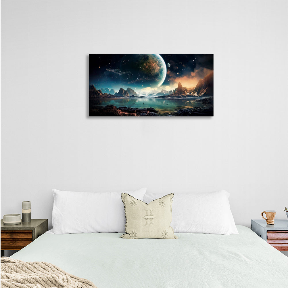 Kunstdruck auf Leinwand, mit Weltraumplanet, See und Bergen