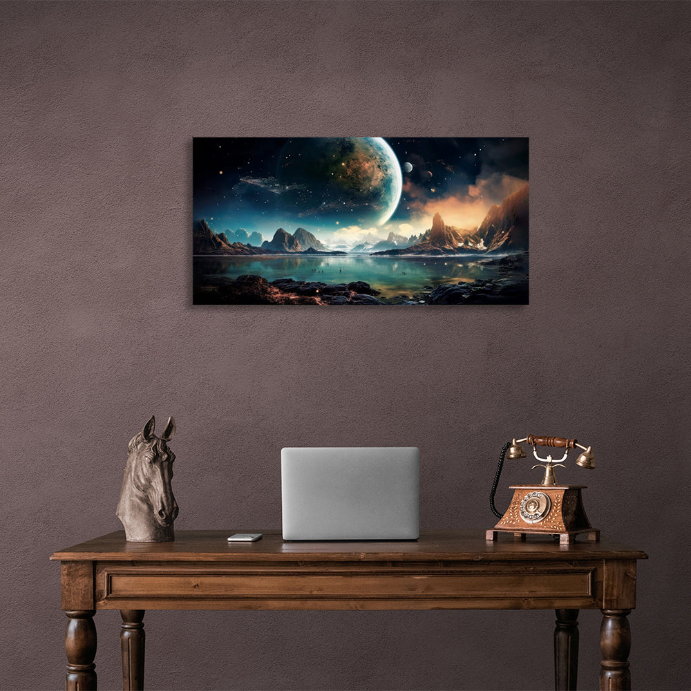 Kunstdruck auf Leinwand, mit Weltraumplanet, See und Bergen