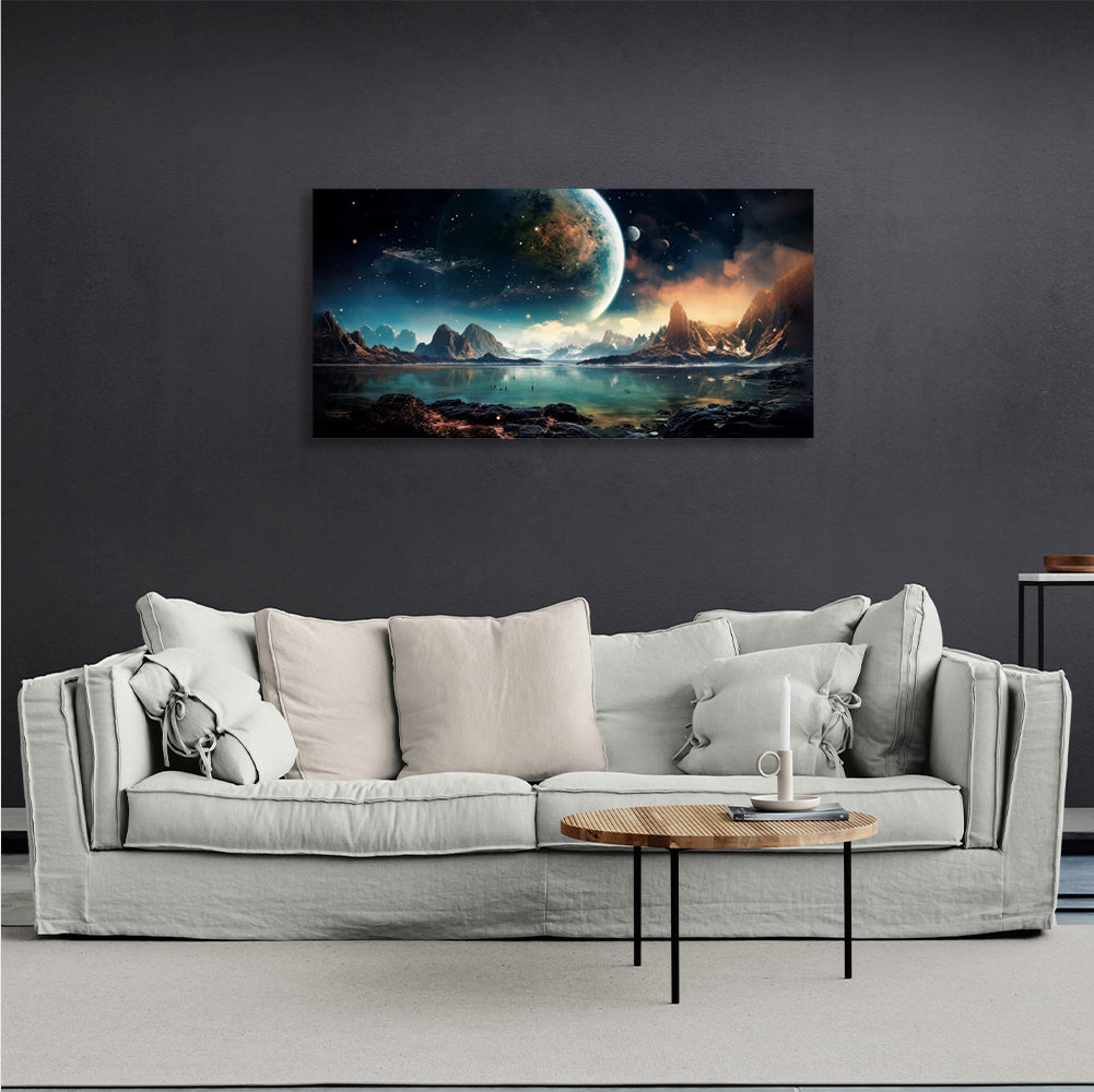 Kunstdruck auf Leinwand, mit Weltraumplanet, See und Bergen