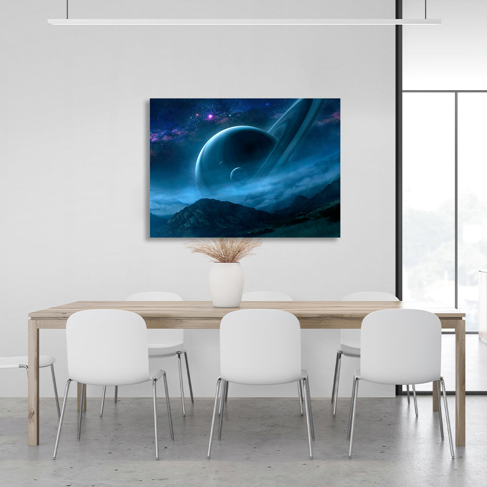 Space Saturn and the mountains Canvas Wall Art Print