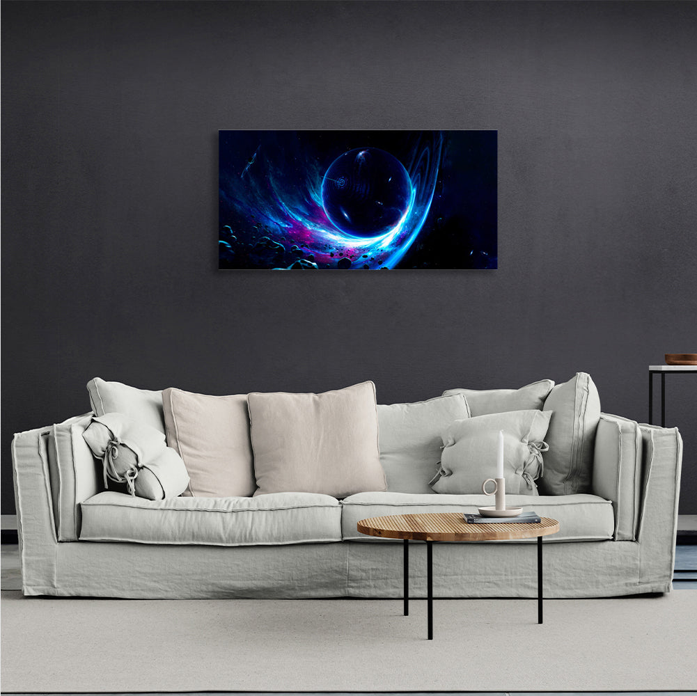 Kunstdruck auf Leinwand mit Weltraumplanet auf blauem Hintergrund