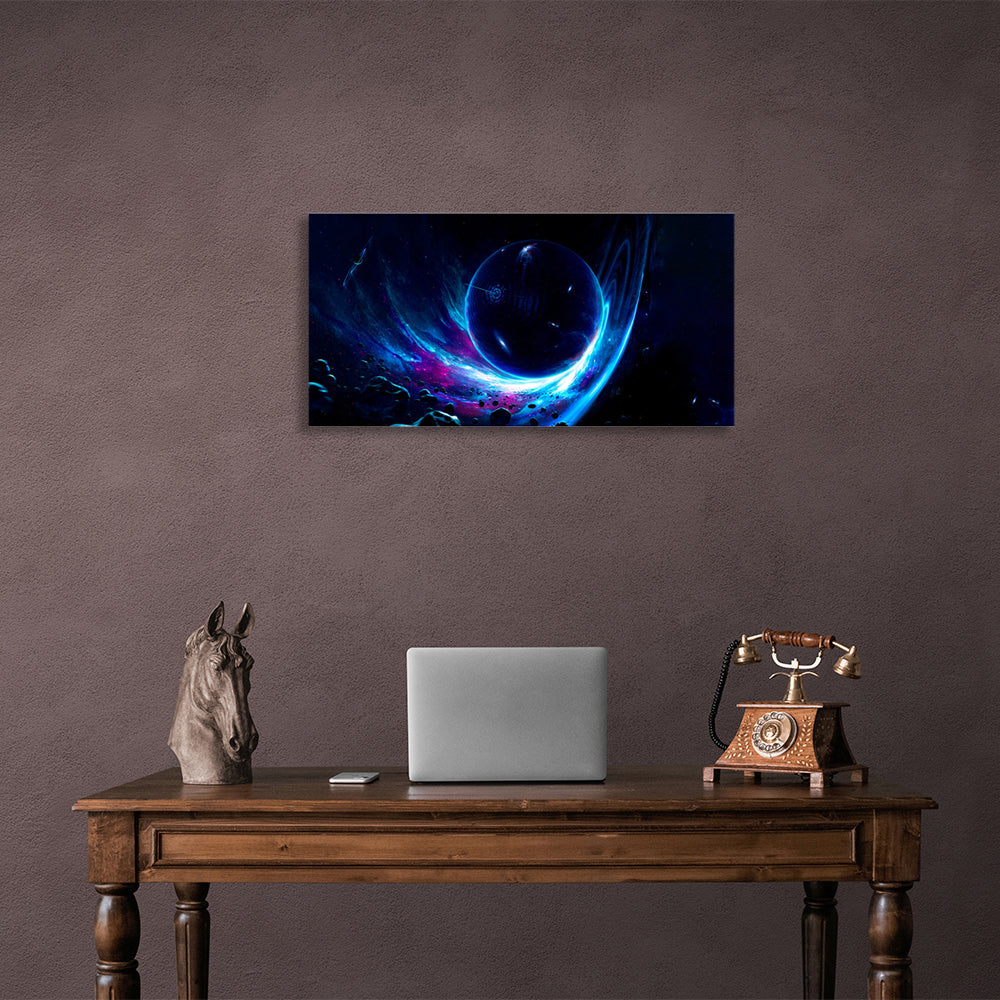 Kunstdruck auf Leinwand mit Weltraumplanet auf blauem Hintergrund