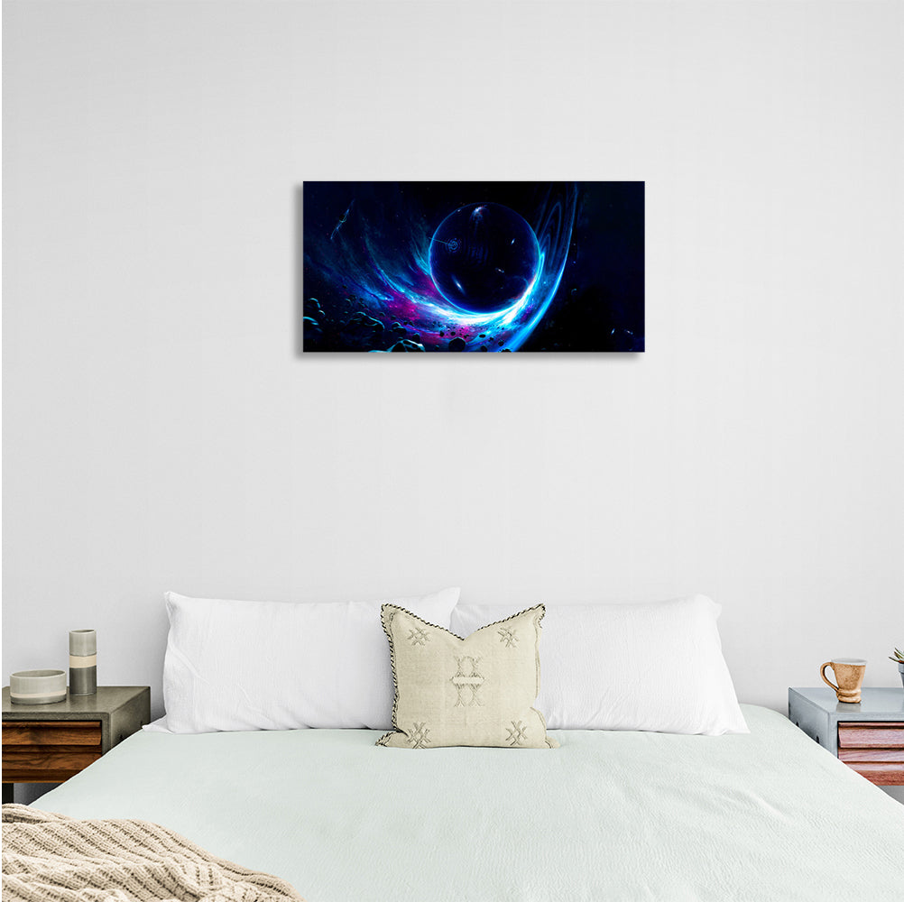 Kunstdruck auf Leinwand mit Weltraumplanet auf blauem Hintergrund