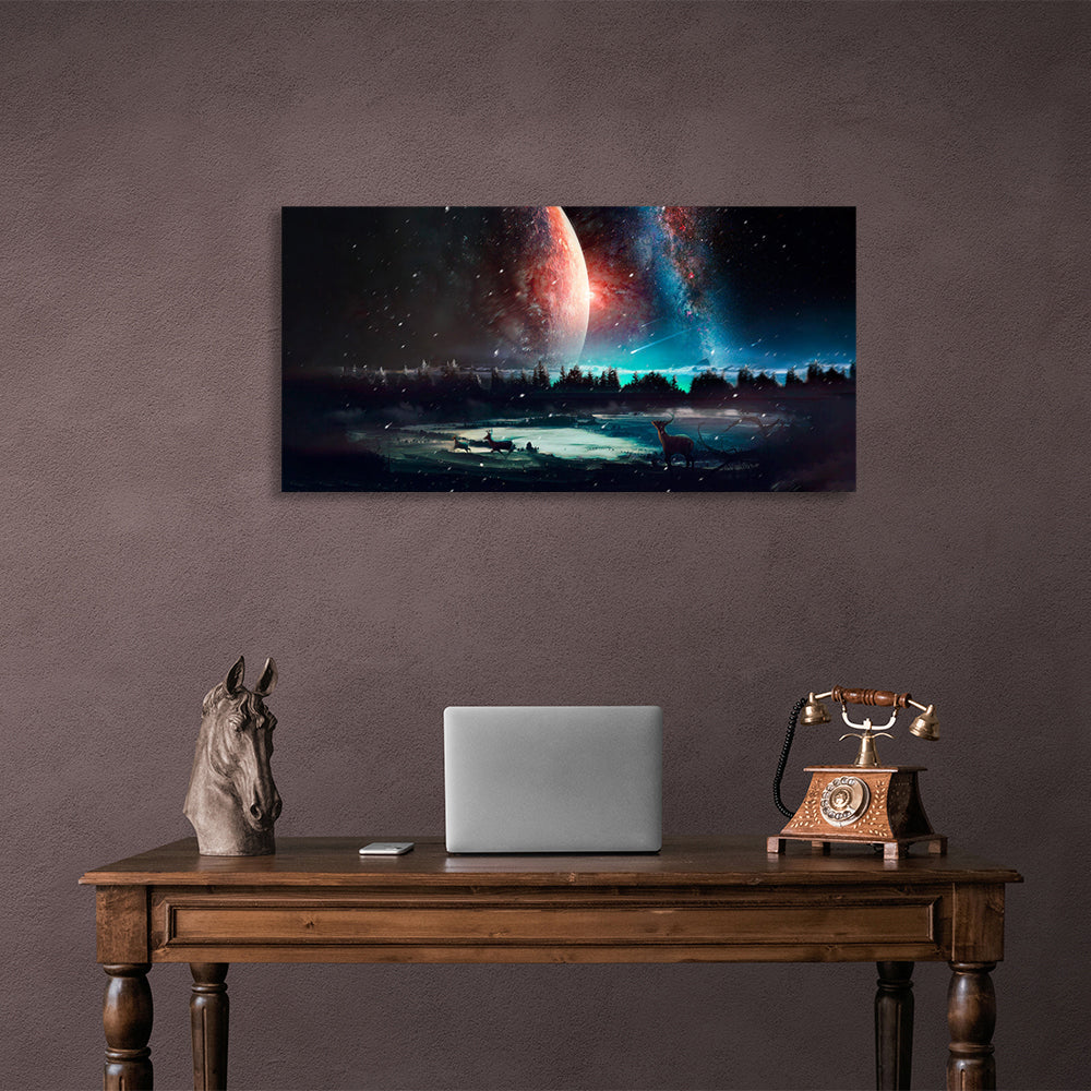 Space and deer in the forest Canvas Wall Art Print