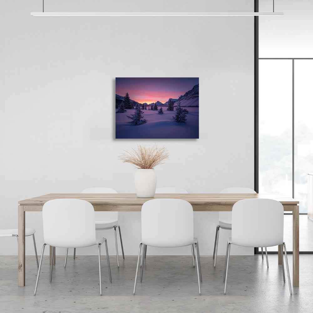 Snow, Christmas trees and mountains at night Canvas Wall Art Print