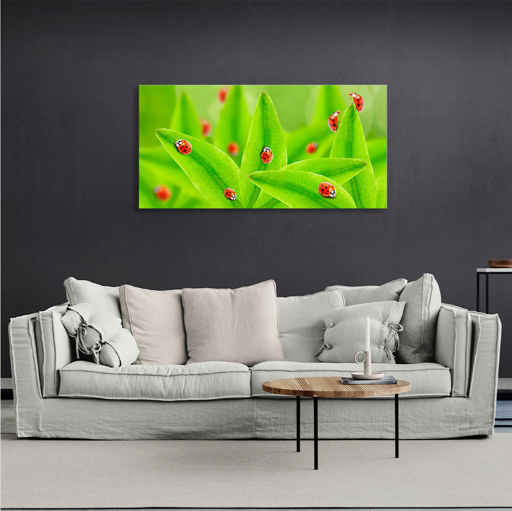 Green leaves and ladybugs Canvas Wall Art Print