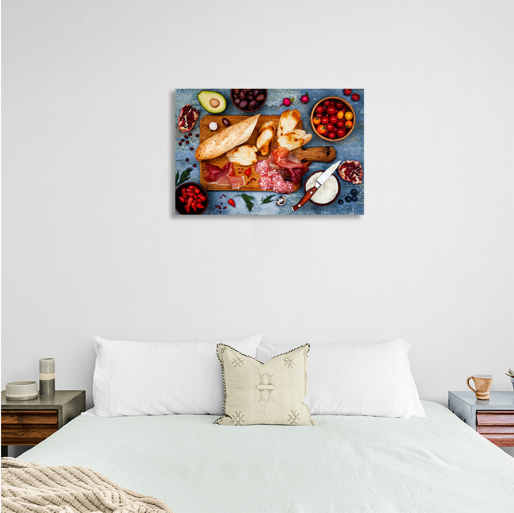 Baguette, sausage, tomato, avocado. Canvas Wall Art Print For Kitchen