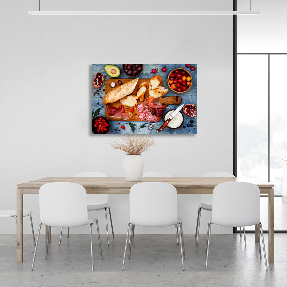 Baguette, sausage, tomato, avocado. Canvas Wall Art Print For Kitchen