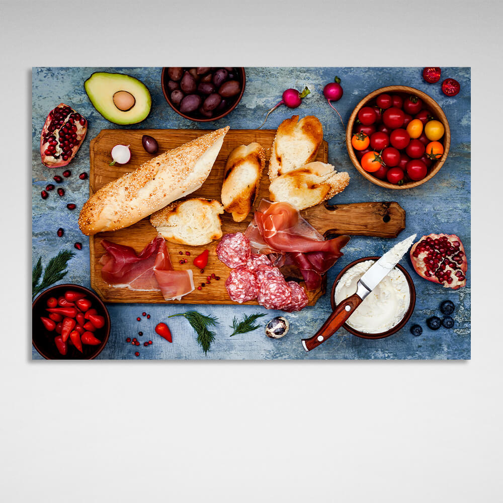 Baguette, Wurst, Tomate, Avocado. Leinwandbild für die Küche