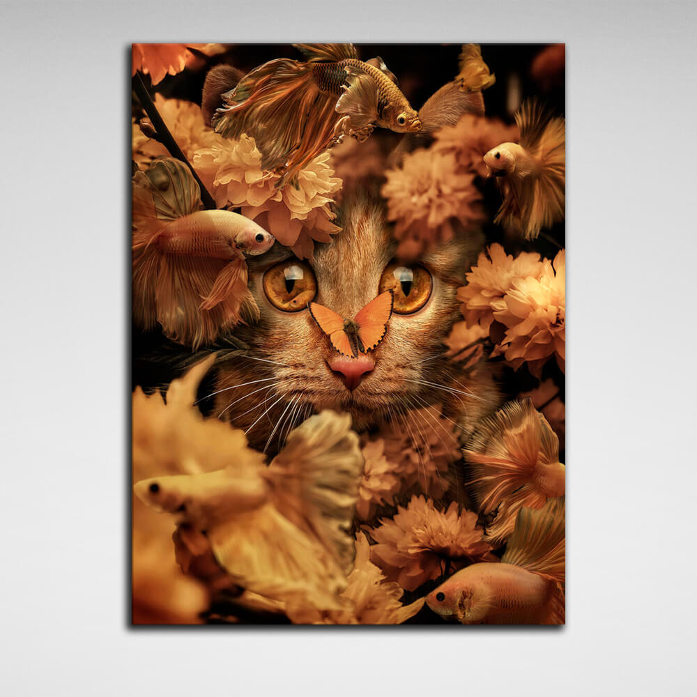 For home Red cat, flowers and fish Canvas Wall Art Print