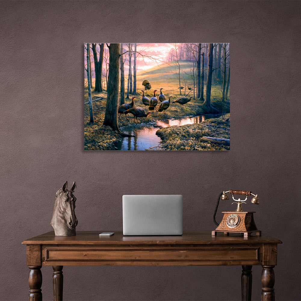 Turkeys in the woods Canvas Wall Art Print