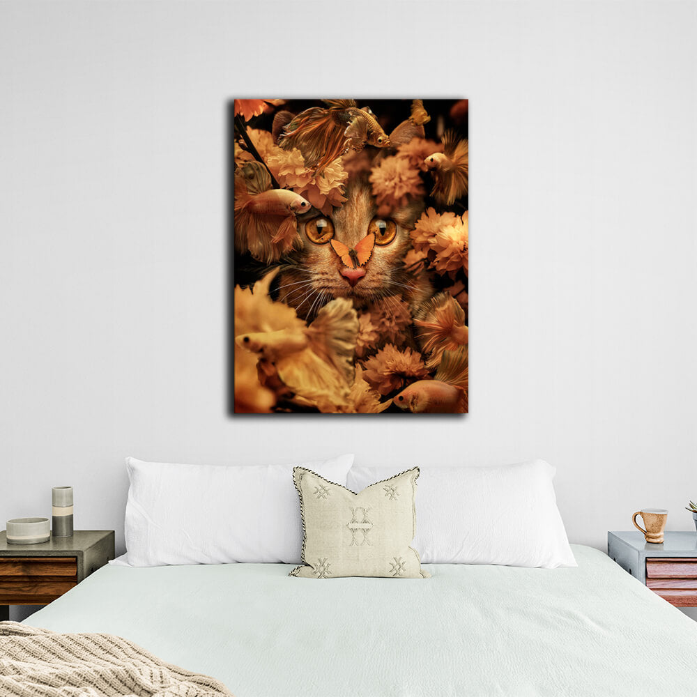 For home Red cat, flowers and fish Canvas Wall Art Print