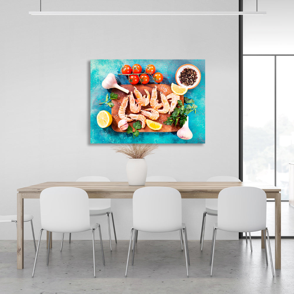 Shrimp, garlic, tomatoes. Canvas Wall Art Print For Kitchen