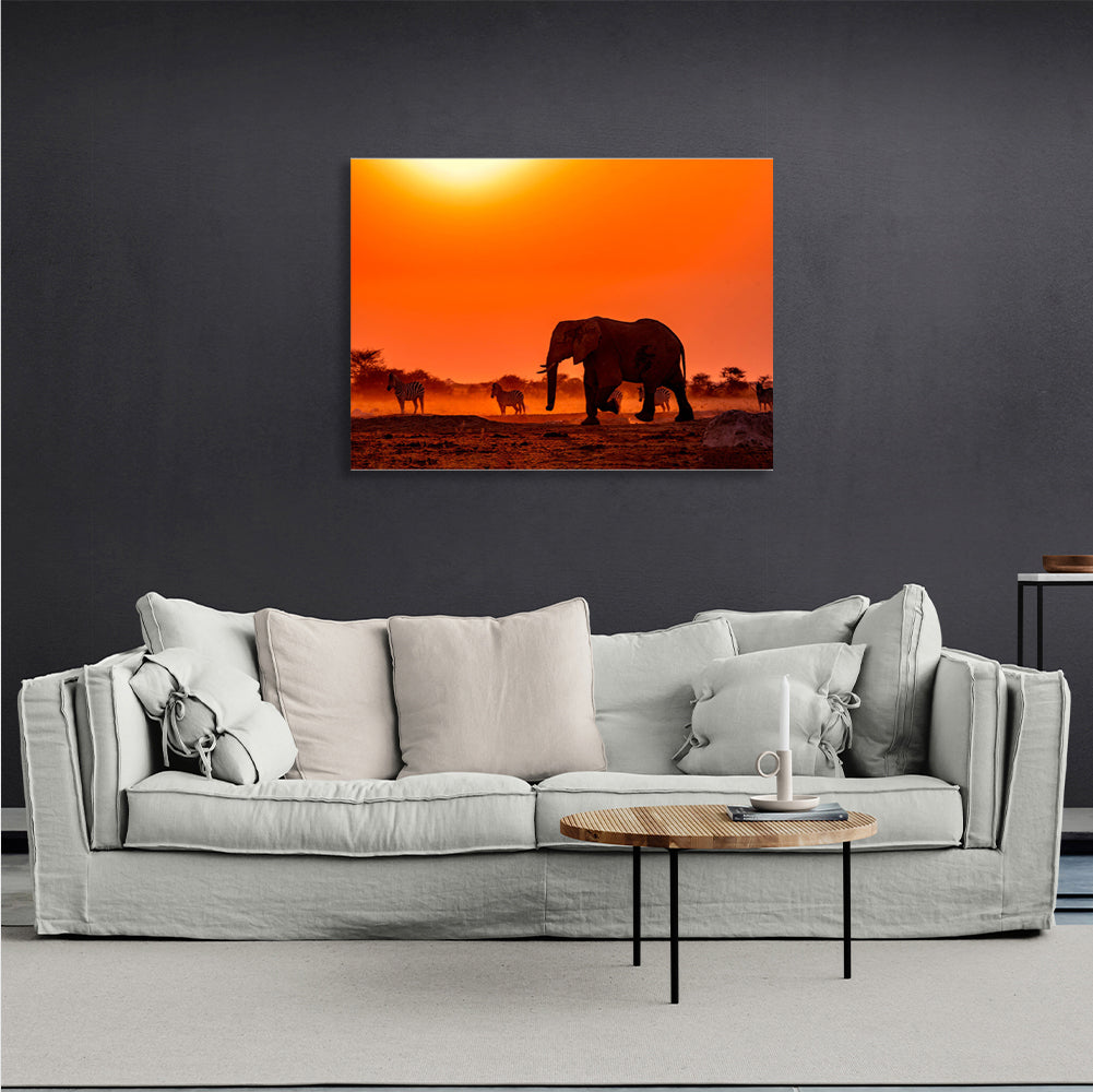 An elephant with zebras Canvas Wall Art Print